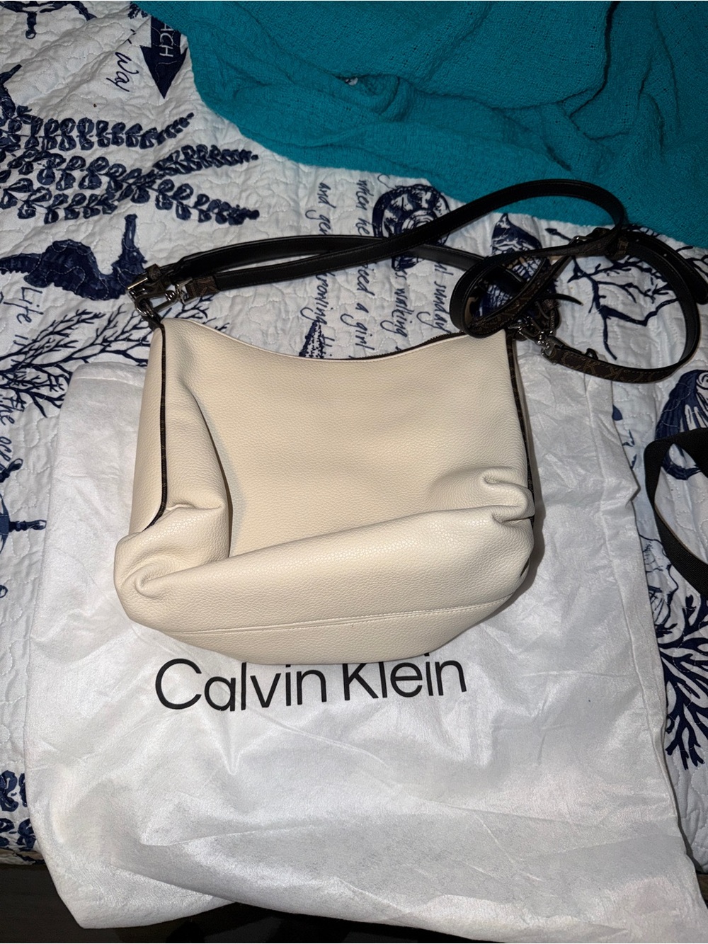 Calvin Klein Ivory Pebbled Leather Shoulder Bag with Black Strap